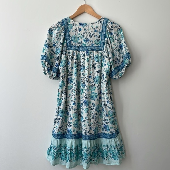 Boho Dress Blue and White Floral Bohemian Babydoll Fit Puff Sleeve Size Small - Picture 8 of 9